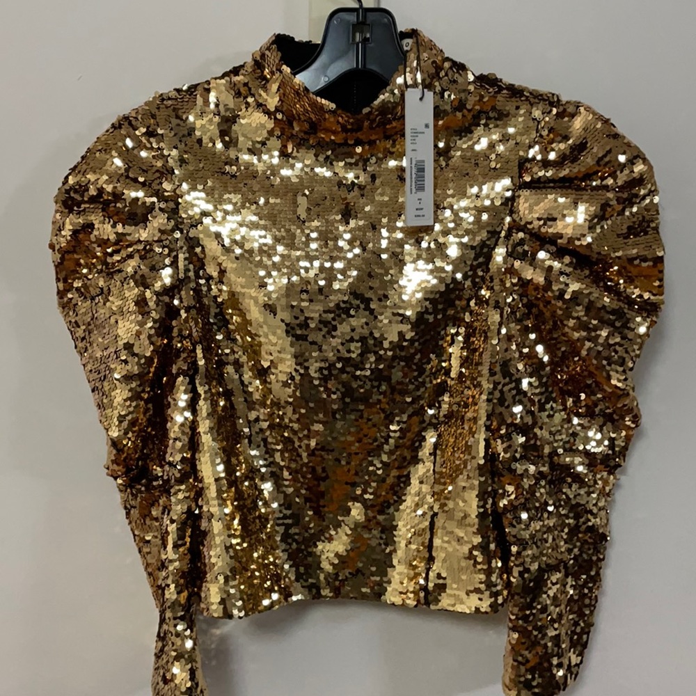 Alice And Olivia Brenna Sequin Puff-Sleeve Crop Top in gold